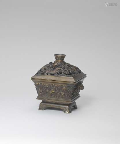 A PARCEL-GILT-BRONZE INCENSE BURNER AND COVER  Xuande six-ch...