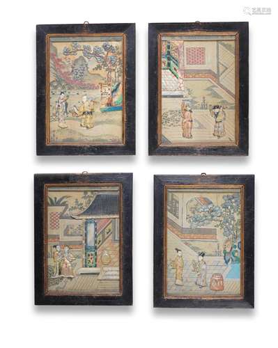 A GROUP OF FOUR SOAPSTONE FIGURATIVE SILK PANELS Qianlong (4...