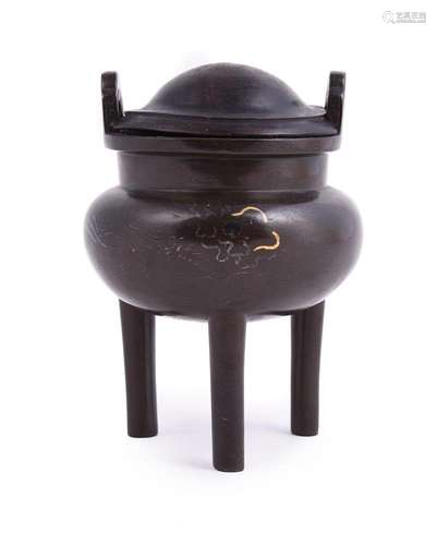 A Chinese bronze inlaid tripod censer