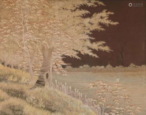 A Japanese silk-embroidered panel of a tree by the bank of a...