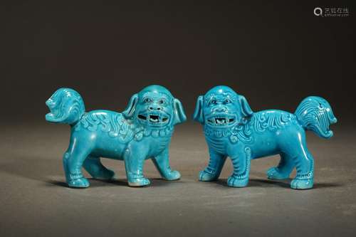 Pair of Blue Glaze Lion Statues