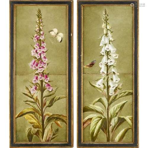Pair Victorian botanical porcelain tile paintings