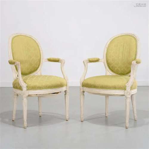 Pair painted fauteuils supplied by Mario Buatta