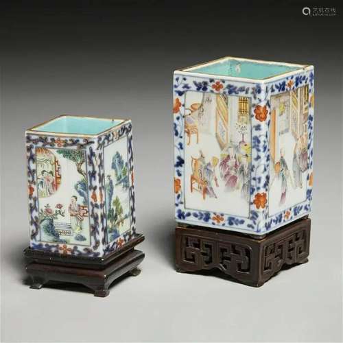 (2) Chinese famille rose square brush pots