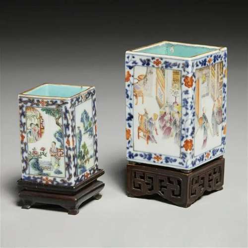 (2) Chinese famille rose square brush pots