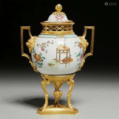 Louis XVIII ormolu mounted famille rose vase