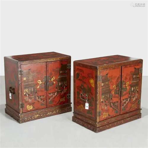 Pair Chinese Export red lacquered cabinets