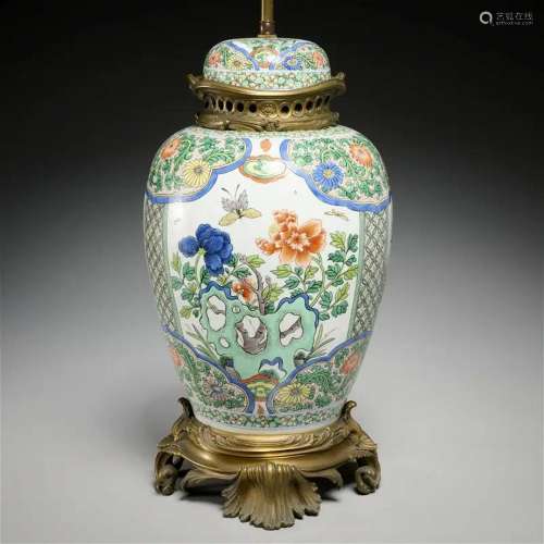 Chinese ormolu mounted famille verte lidded jar