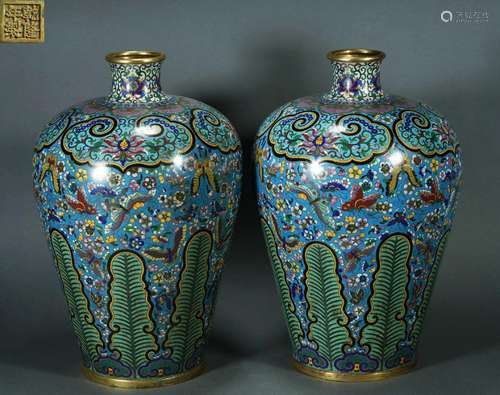 Pair cloisonne enamel vases meiping