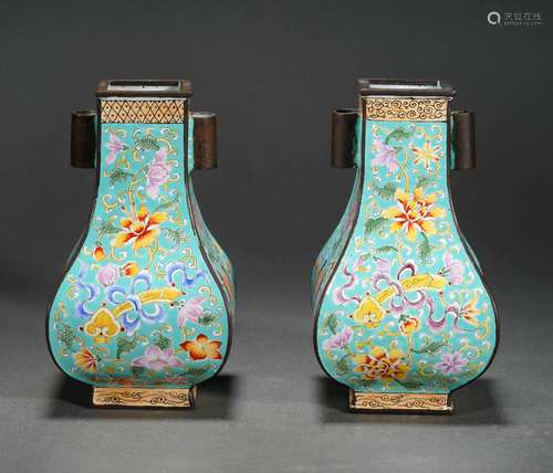 pair painted enamel bronze vases