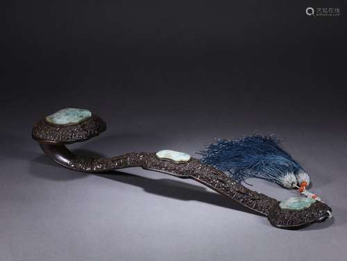 A jade inlaid rosewood ruyi scepter