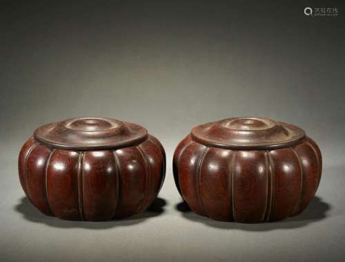 Pair Carved Wooden Chess Box with Cover