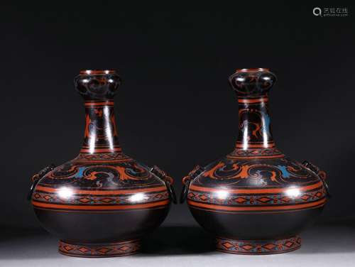 Pair polychrome painted vases