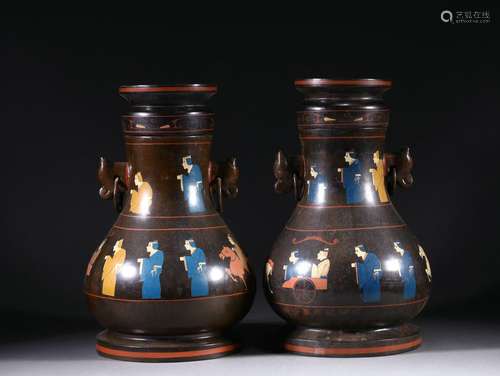 Pair polychrome painted vessels hu