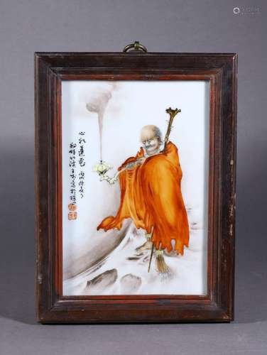 An ironed luohan porcelain plaque signed wangbu