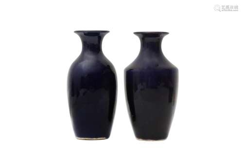 TWO CHINESE MONOCHROME BLUE-GLAZED VASES 清乾隆 藍秞瓶兩件