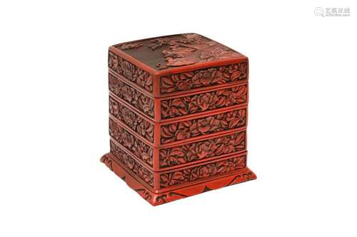 A CHINESE CINNABAR LACQUER TIERED BOX AND COVER 明 剔紅士大夫...