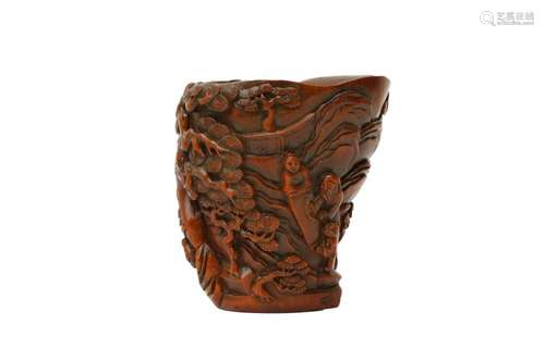 A CHINESE CARVED BOXWOOD 'SCHOLARS AND BOYS' LIBATIO...