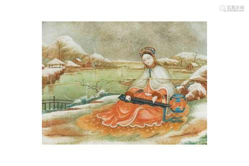 A CHINESE REVERSE GLASS PAINTING OF A LADY PLAYING THE GUQIN...