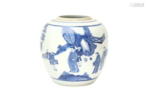 A CHINESE BLUE AND WHITE FIGURATIVE JAR 清康熙 青花人物故事圖...