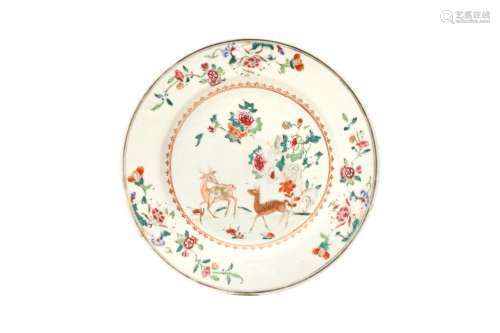 A CHINESE FAMILLE-ROSE 'DEER AND PEONIES' DISH 清十八...