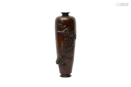 A TALL JAPANESE BRONZE 'SPARROW AND CHRYSANTHEMUM' V...