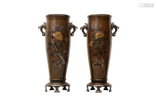 A PAIR OF JAPANESE METAL-INLAID BRONZE VASES