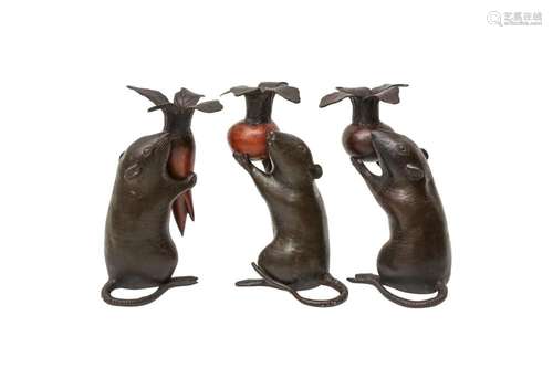 THREE JAPANESE BRONZE 'RATS' CANDLE STICKS