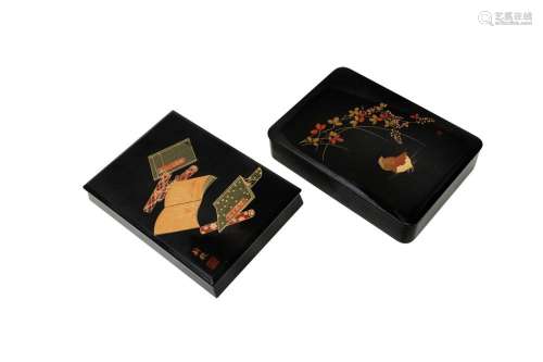 TWO JAPANESE BLACK LACQUER DOCUMENT BOXES AND COVERS, BUNKO
