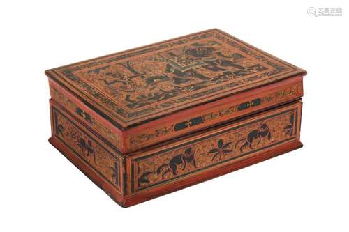 A BURMESE RED AND BLACK LACQUER 'ELEPHANT' BOX AND C...