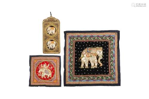 THREE EMBROIDERED 'ELEPHANT' PANELS, 20TH-21ST CENTU...