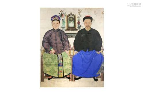 A CHINESE DOUBLE ANCESTRAL PORTRAIT 晚清 祖先像