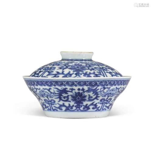 A blue and white 'lotus' bowl and cover   Seal mark ...