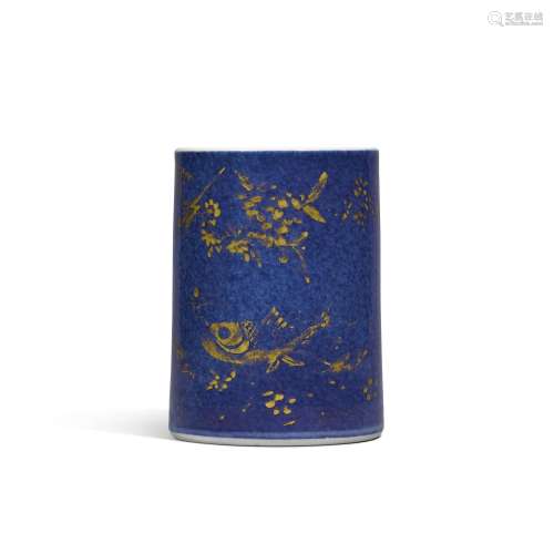 A powder-blue ground and gilt-decorated brushpot, Qing dynas...