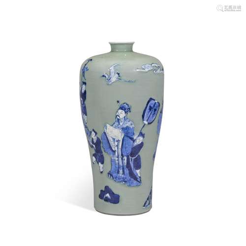 A large celadon-ground and underglaze-blue meiping, Qing dyn...