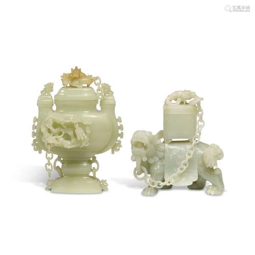 Two pale celadon jade carvings, 20th century