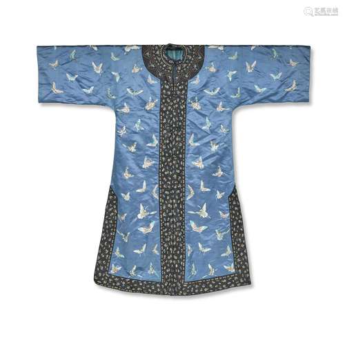 A blue-ground embroidered silk 'butterfly' informal ...