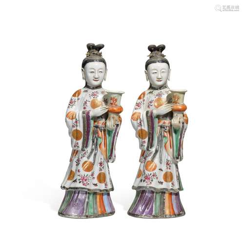 A pair of famille-rose figures of ladies, Qing dynasty, Qian...