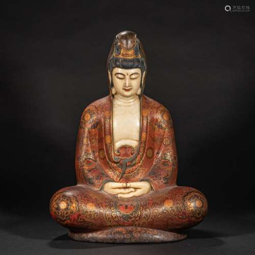 CHINESE WHITE JADE PAINTED BUDDHA IN QING DYNASTY