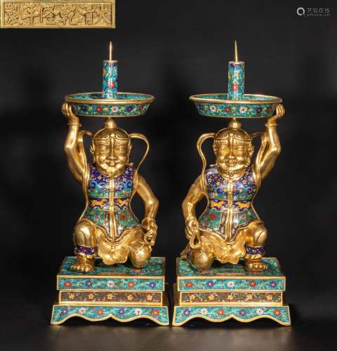 CHINESE CLOISONNE CANDLE HOLDER PAIR FROM QING DYNASTY