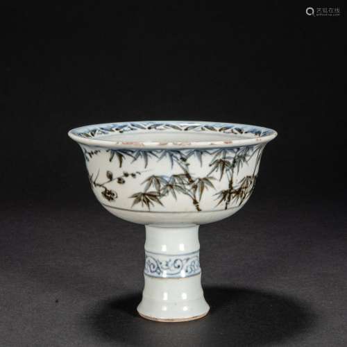 CHINESE BLUE AND WHITE TALL FOOT CUP YUAN DYNASTY