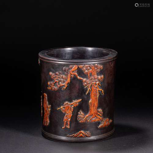 CHINESE RED SANDALWOOD PEN HOLDER OF QING DYNASTY