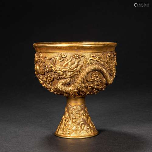 CHINESE GILT BRONZE HIGH FOOT CUP OF TANG DYNASTY