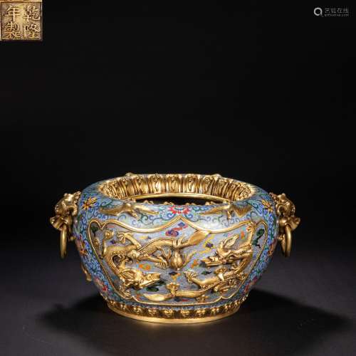 CHINESE CLOISONNE DOUBLE EAR FURNACE FROM QING DYNASTY