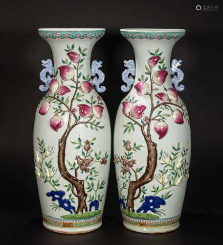 CHINESE PASTEL AMPHORA PAIR FROM QING DYNASTY