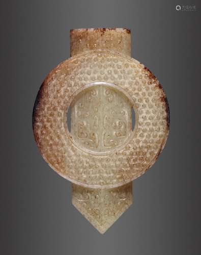 AN ARCHAISTIC PALE YELLOW AND RUSSET JADE DISC AND BLADE, GU...
