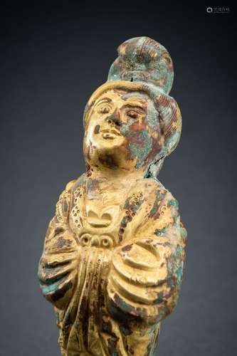 AN ARCHAISTIC FIRE-GILT COPPER REPOUSSÉ FIGURE OF A COURT LA...