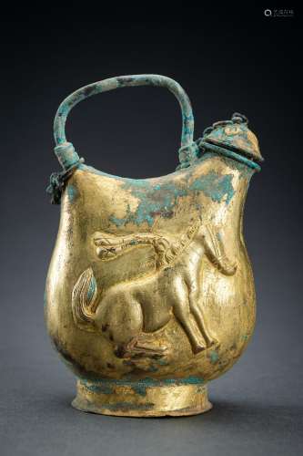 A SMALL TANG DYNASTY STYLE FIRE-GILT COPPER REPOUSSÉ FLASK W...