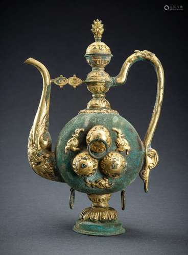 AN ARCHAISTIC FIRE-GILT COPPER REPOUSSÉ EWER