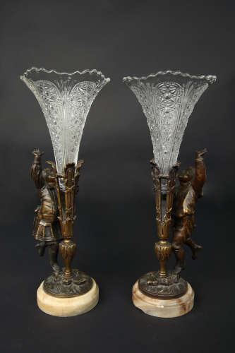法国十九世纪 欢乐天使铜鎏金水晶花瓶（一对） 铜 水晶玻璃 大理石